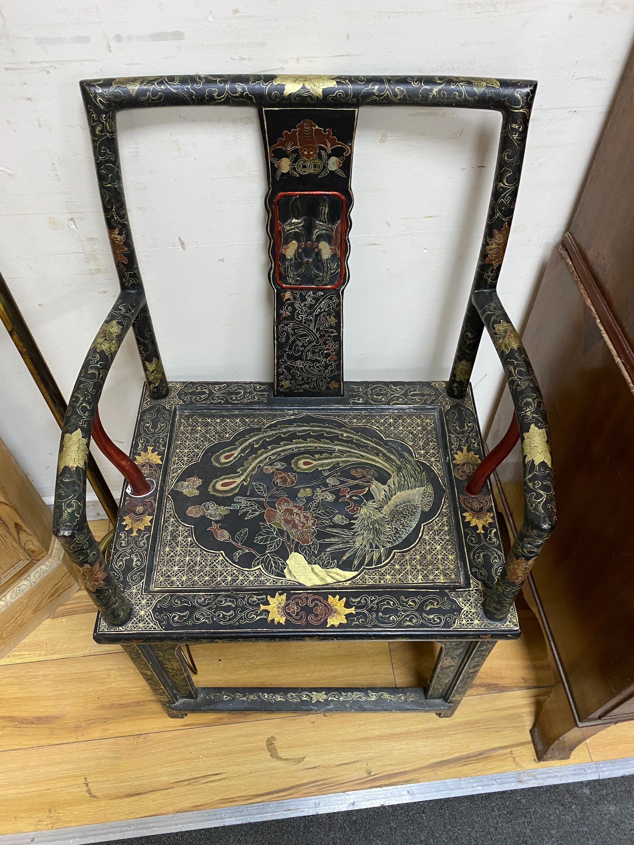 Three Chinese lacquered elbow chairs, width 56cm depth 42cm height 98cm